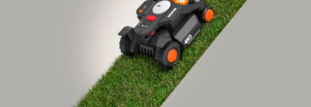 Schema-Darstellung eines Landroid Mähroboters auf einem Rasenstück mit einer starken Steigung